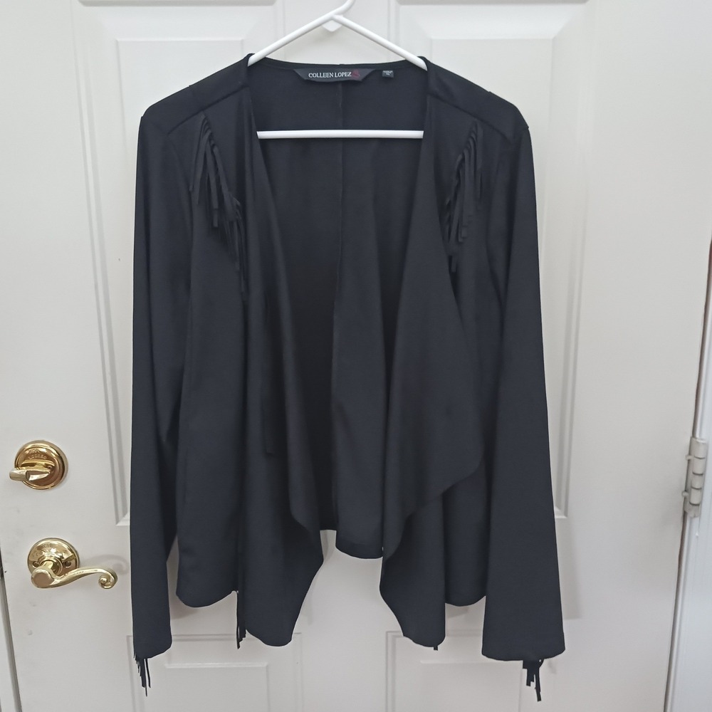 Colleen Lopez Black Faux Suede Fringe Open Front Waterfall Cardigan XL
